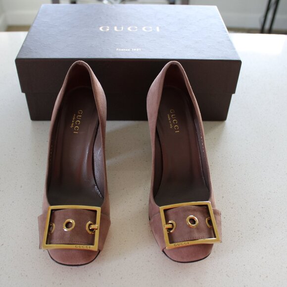 Gucci Brown/Mauve Suede Buckle Detail Block Heel Pump - Picture 1 of 3